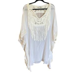 Monoreno kaftan cream white sheet fringe swim coverup top tunic large